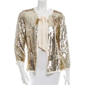 Tory Burch gold sequin jacket ivory tie bow